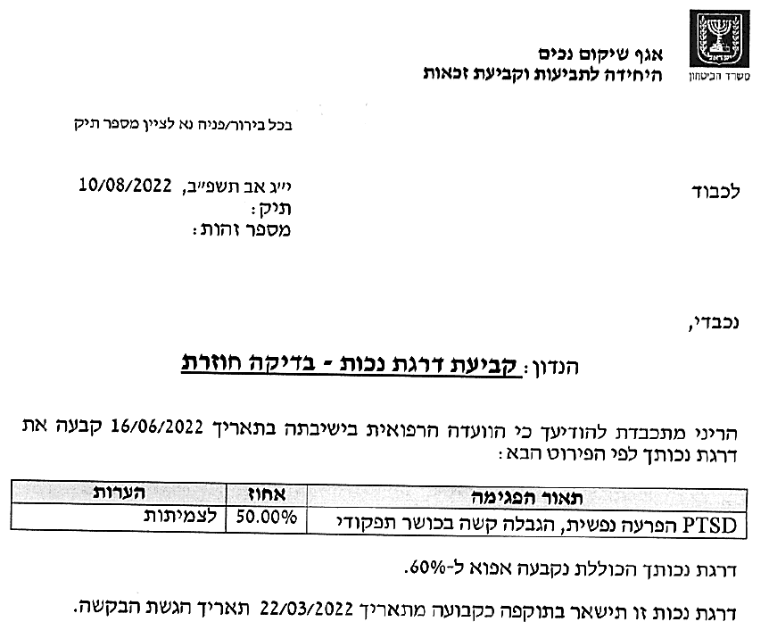 פוסט טראומה לאחר ערעור - 50%